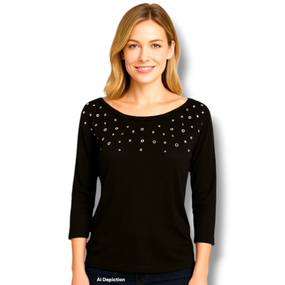 Rhinestone & Silver Eyelet Women's Large Etoile Black Lightweight Sweater - Picture 1 of 10